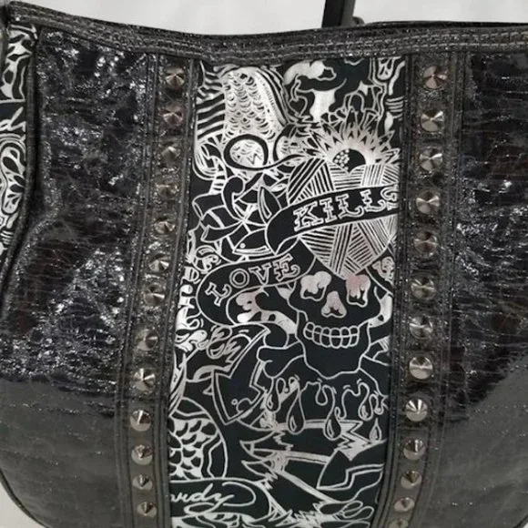Ed Hardy Black & Silver Patent Leather Shoulder Bag Regualer Medium Size Bag - Picture 3 of 9
